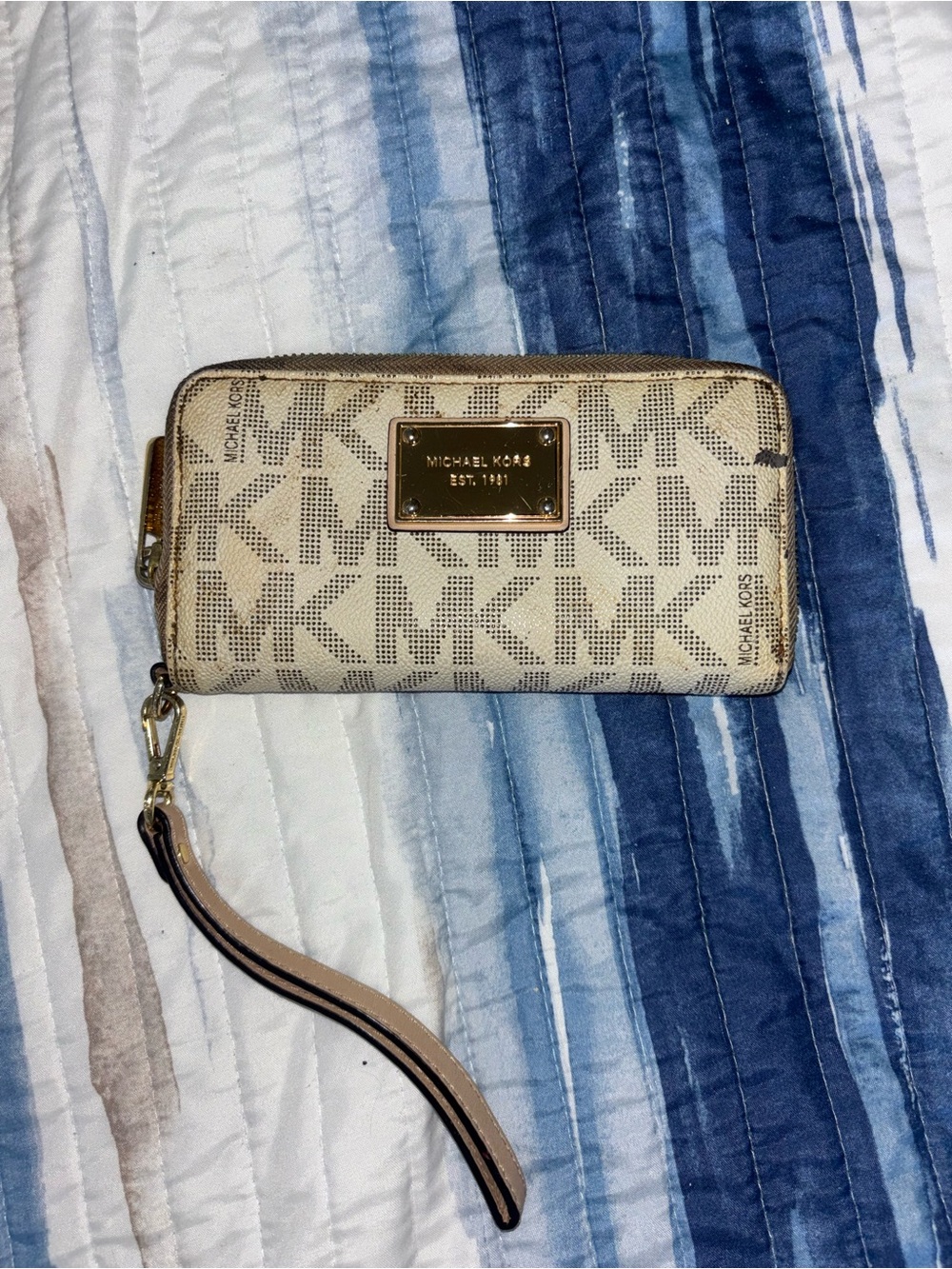 Michael Kors Beige Signature MK Zip Wristlet with Gold Plate